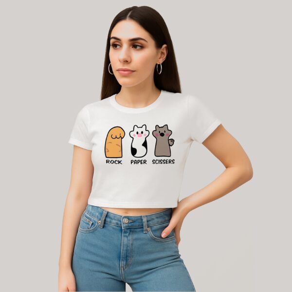 Trendy Graphic Print White Crop Top – Rock Paper Scissors Edition - Image 3