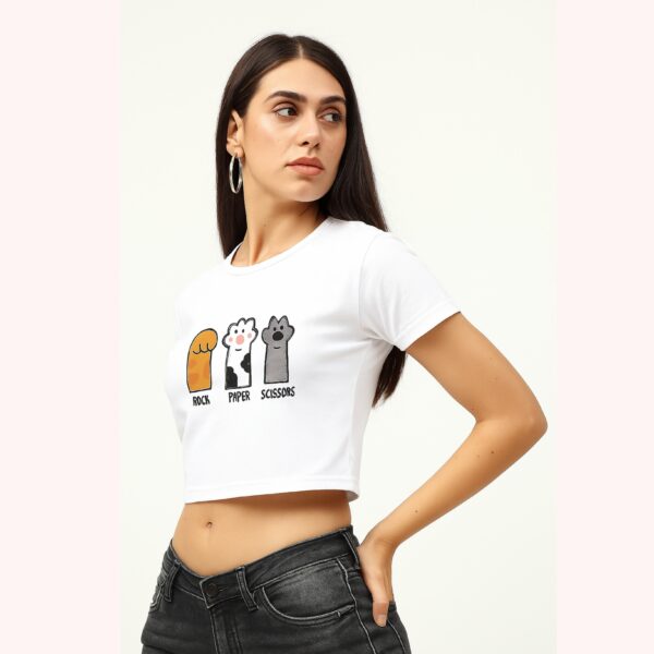 Trendy Graphic Print White Crop Top – Rock Paper Scissors Edition - Image 2
