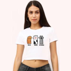 Trendy Graphic Print White Crop Top – Rock Paper Scissors Edition