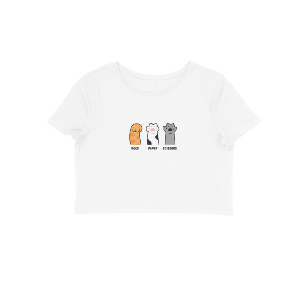 Trendy Graphic Print White Crop Top – Rock Paper Scissors Edition - Image 4
